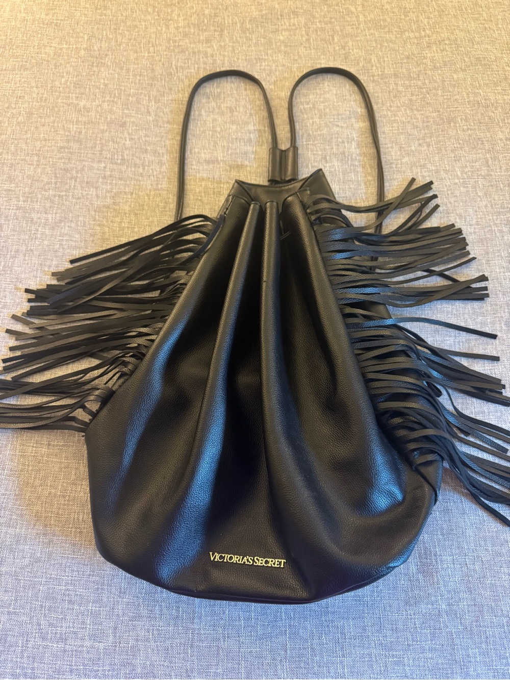 Victoria's Secret Black Faux Leather Fringe Drawstring Boho Bag - Picture 7 of 16